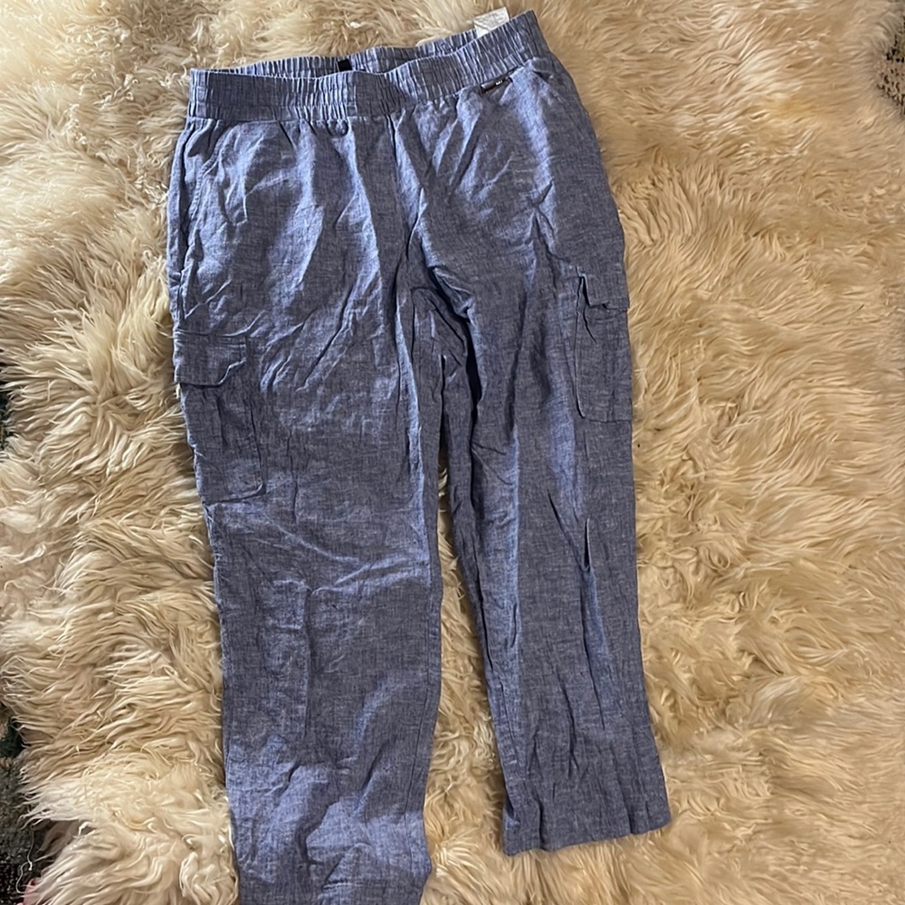 Blue linen wide-leg cropped cargo pants size M Jones NY